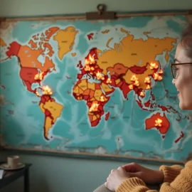 A woman looking at a world map with little fires in several places all over the world illustrates effective altruism causes