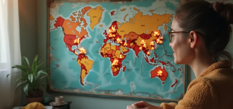 A woman looking at a world map with little fires in several places all over the world illustrates effective altruism causes