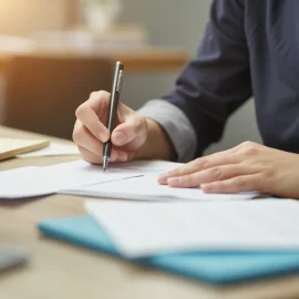 A woman sitting at a desk with a clock, plant, and papers illustrates how to write concisely