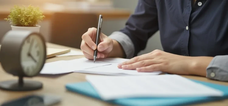 A woman sitting at a desk with a clock, plant, and papers illustrates how to write concisely