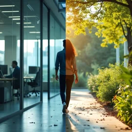 A woman in the middle of a split screen with an office on the left and a garden on the right depicts work-rest balance