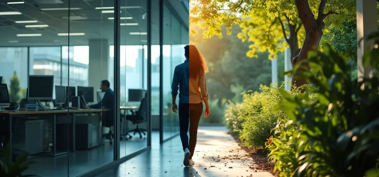 A woman in the middle of a split screen with an office on the left and a garden on the right depicts work-rest balance