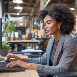 A woman working on a computer as part of a modern business operation