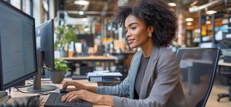 A woman working on a computer as part of a modern business operation