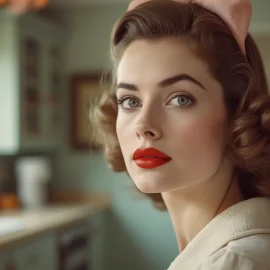 A 1950s woman wearing makeup and a dress in a kitchen illustrates societal myths about women