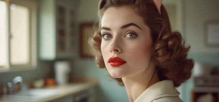 A 1950s woman wearing makeup and a dress in a kitchen illustrates societal myths about women