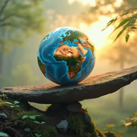 A globe balanced on a teetering rock in the woods illustrates the climate change risk