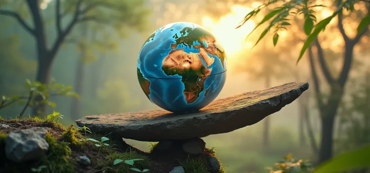 A globe balanced on a teetering rock in the woods illustrates the climate change risk