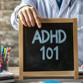 A doctor holding chalkboard that says "ADHD 101" as part of a lesson answering what is attention deficit hyperactivity disorder