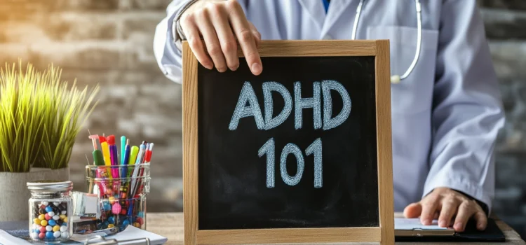 A doctor holding chalkboard that says "ADHD 101" as part of a lesson answering what is attention deficit hyperactivity disorder