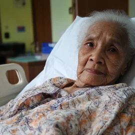 An elderly woman in a hospital bed who looks sad because she has deathbed regrets