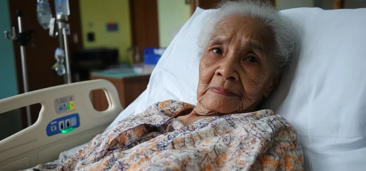 An elderly woman in a hospital bed who looks sad because she has deathbed regrets