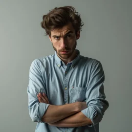 An annoyed man wearing a denim buttoned shirt and crossing his arms illustrates nonverbal cues associated with anti-charisma