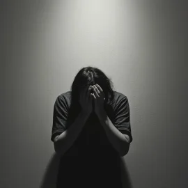 A gloomy image of a person looking down with their head in their hands illustrates the question "What is toxic shame?"