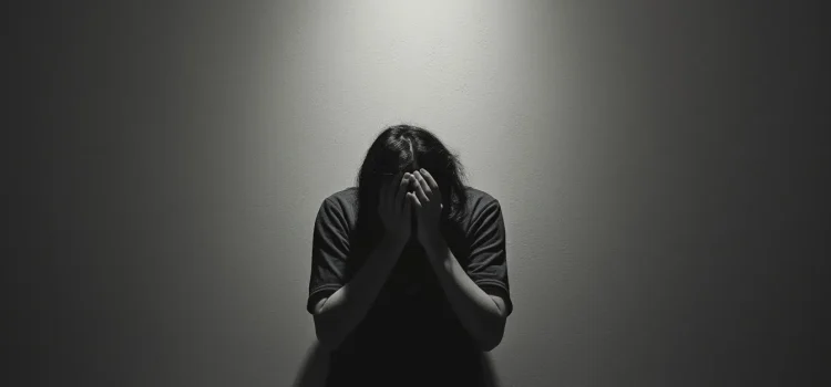 A gloomy image of a person looking down with their head in their hands illustrates the question "What is toxic shame?"