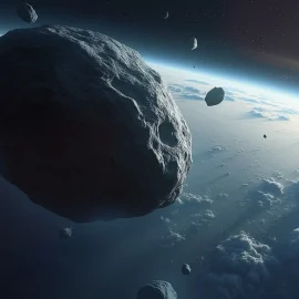 Asteroids hurling through outer space illustrate natural threats to humanity