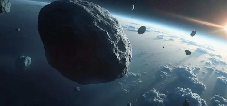 Asteroids hurling through outer space illustrate natural threats to humanity