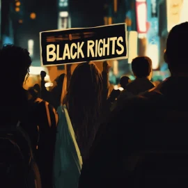 Activists for black rights at a protest in a city, holding a sign that says "BLACK RIGHTS"