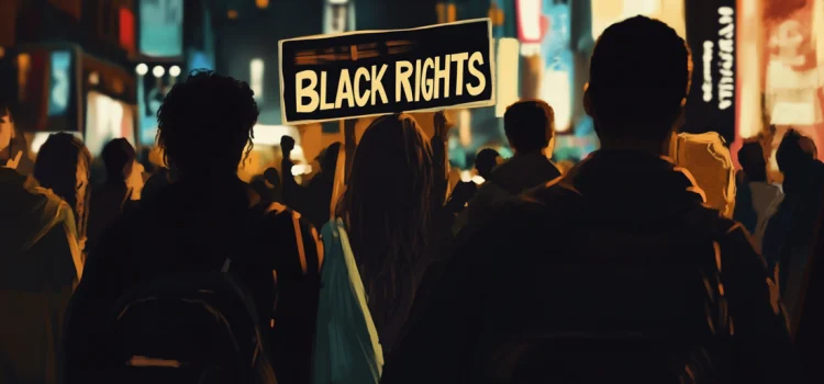 Activists for black rights at a protest in a city, holding a sign that says "BLACK RIGHTS"