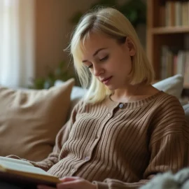 A blonde woman in a tan sweater reading a book on a sofa at home with a bookshelf and window in the background