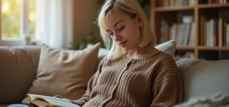 A blonde woman in a tan sweater reading a book on a sofa at home with a bookshelf and window in the background