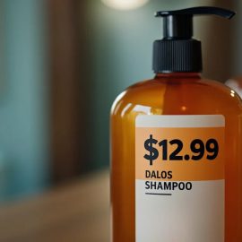 A bottle of shampoo with a price tag that says $12.99