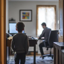 A young boy standing in the doorway of his father's home office while he works, one cause of trauma