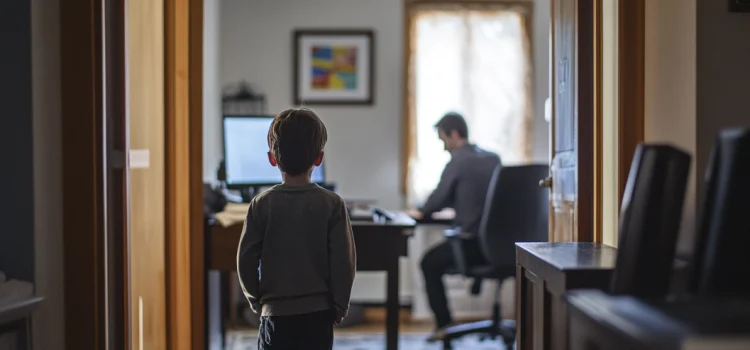 A young boy standing in the doorway of his father's home office while he works, one cause of trauma