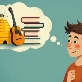 A boy thinking about a beehive, a guitar, and books illustrates innate curiosity and asking "What are you curious about?"