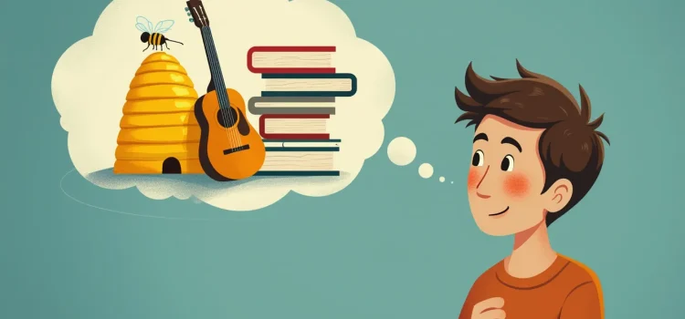 A boy thinking about a beehive, a guitar, and books illustrates innate curiosity and asking "What are you curious about?"