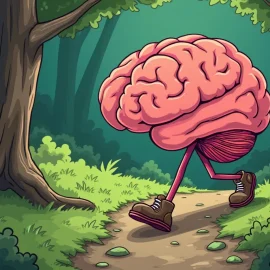 A cartoon of a walking brain on a path in the woods illustrates mental shortcuts