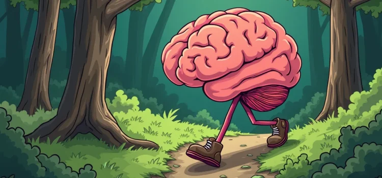 A cartoon of a walking brain on a path in the woods illustrates mental shortcuts