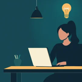 A woman taking advantage of employee autonomy by working at her desk alone, with a lightbulb above her head