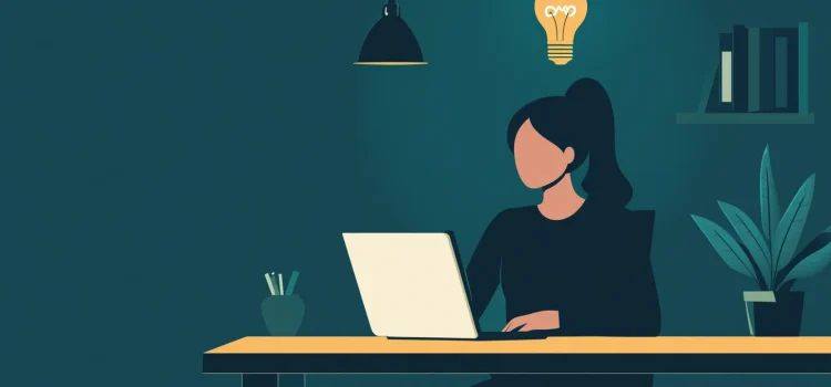 A woman taking advantage of employee autonomy by working at her desk alone, with a lightbulb above her head