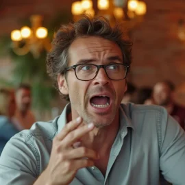 A man with curly brown hair and glasses talking loudly in a restaurant illustrates shameless behavior