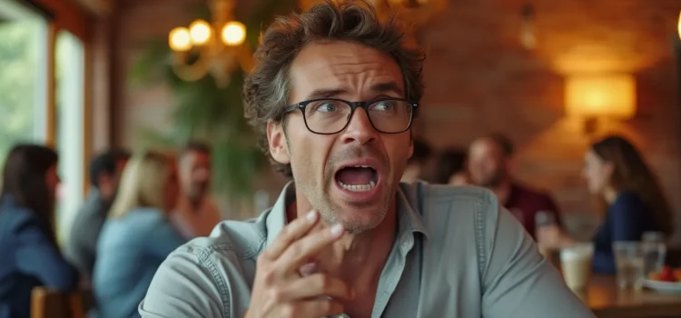 A man with curly brown hair and glasses talking loudly in a restaurant illustrates shameless behavior