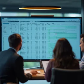 Three members of a business team looking at a value proposition table on a screen in an office