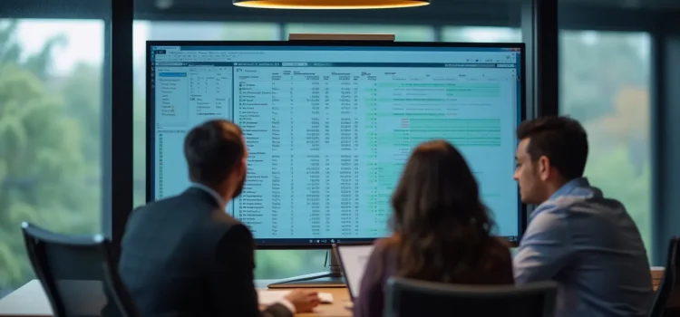 Three members of a business team looking at a value proposition table on a screen in an office