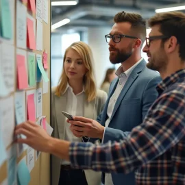 A small business team of two men and one woman in an open workspace using a Kanban board for Agile product development