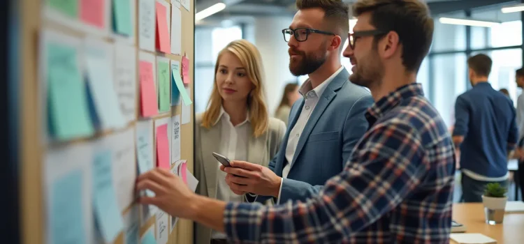 A small business team of two men and one woman in an open workspace using a Kanban board for Agile product development