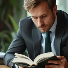 A businessman with wavy hair and a short beard wearing a grey suit and tie reading a book at his desk