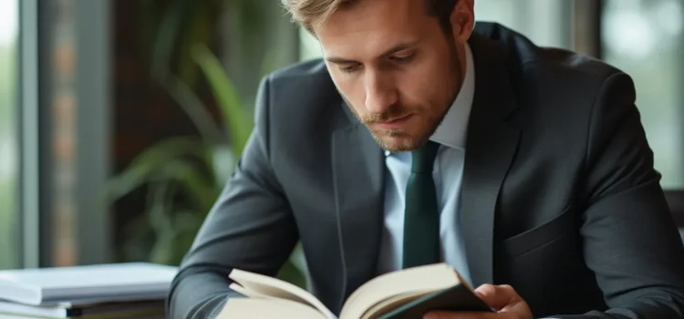 A businessman with wavy hair and a short beard wearing a grey suit and tie reading a book at his desk