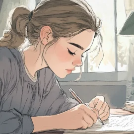 A cartoon of a girl writing in a journal on a desk, she is practicing creative habits