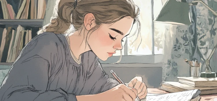 A cartoon of a girl writing in a journal on a desk, she is practicing creative habits