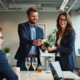 When is a startup no longer a startup? A professional team in an open office celebrates with champagne