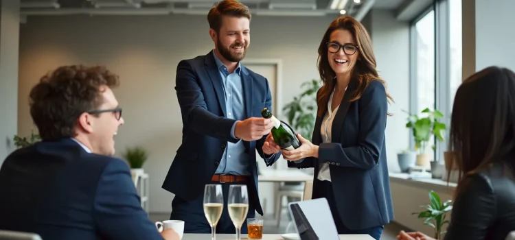 When is a startup no longer a startup? A professional team in an open office celebrates with champagne