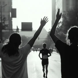 Two people cheering for a marathon runner in a city, showing why it's important to create a support system