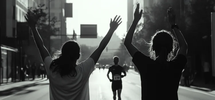 Two people cheering for a marathon runner in a city, showing why it's important to create a support system