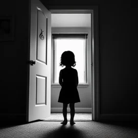 A silhouette of a child standing in front of an open door of a bedroom