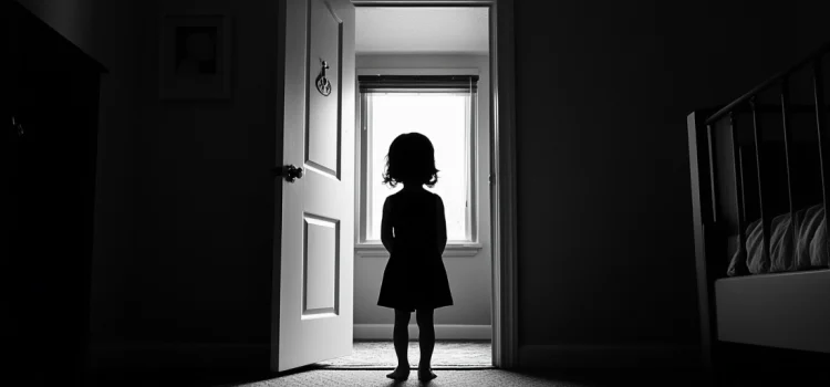 A silhouette of a child standing in front of an open door of a bedroom